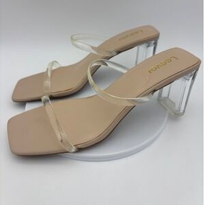 NEW Clear Strap Block Heel Sandal Square Toe Shoe‎ Womens Double Slide 10
